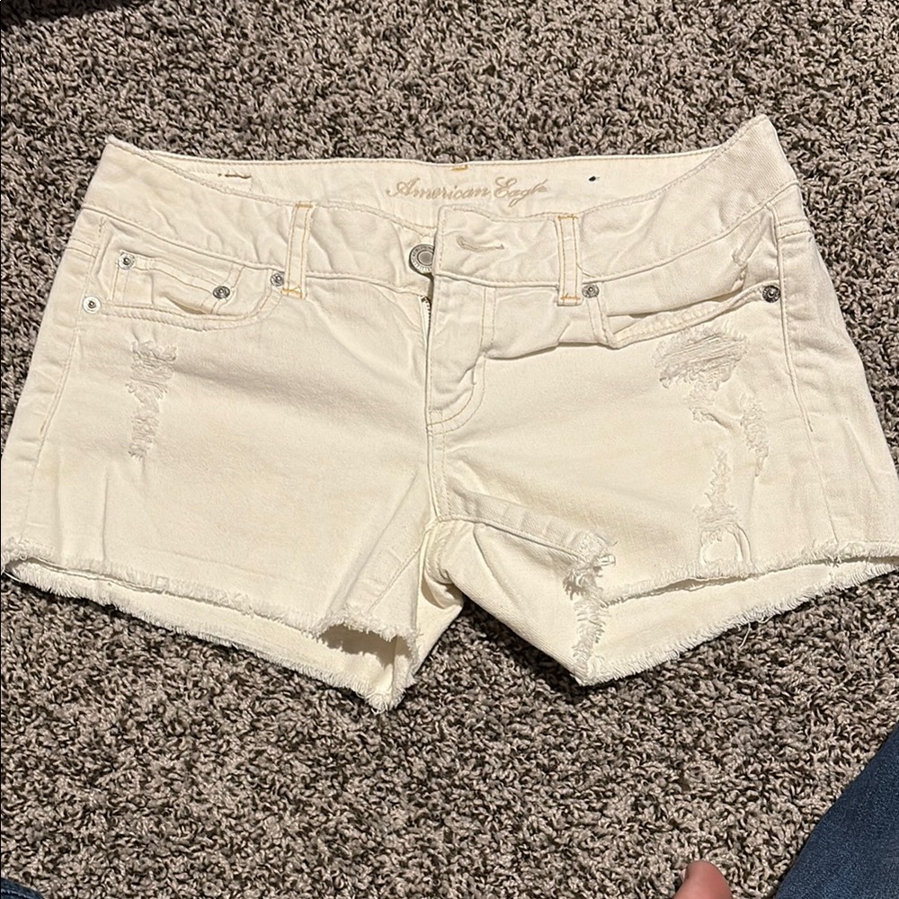 American Eagle Outfitters Cream Jean Shorts Distressed Hem